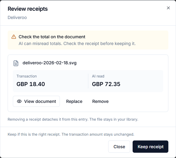 Receipt review comparing a transaction with its evidence and available actions
