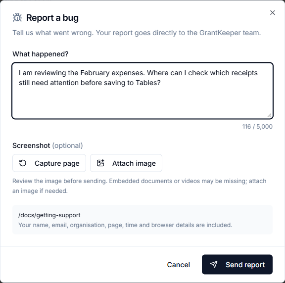Report a bug dialog with a support question and Send report action