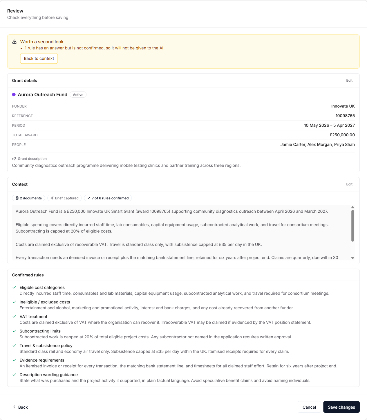 Grant wizard Review step summarising details, context, and rules before saving