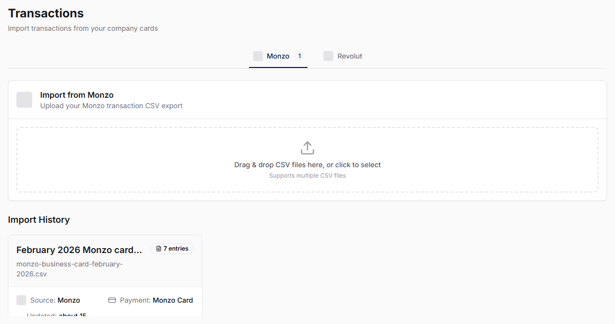 Transactions import history showing a completed Monzo card import batch